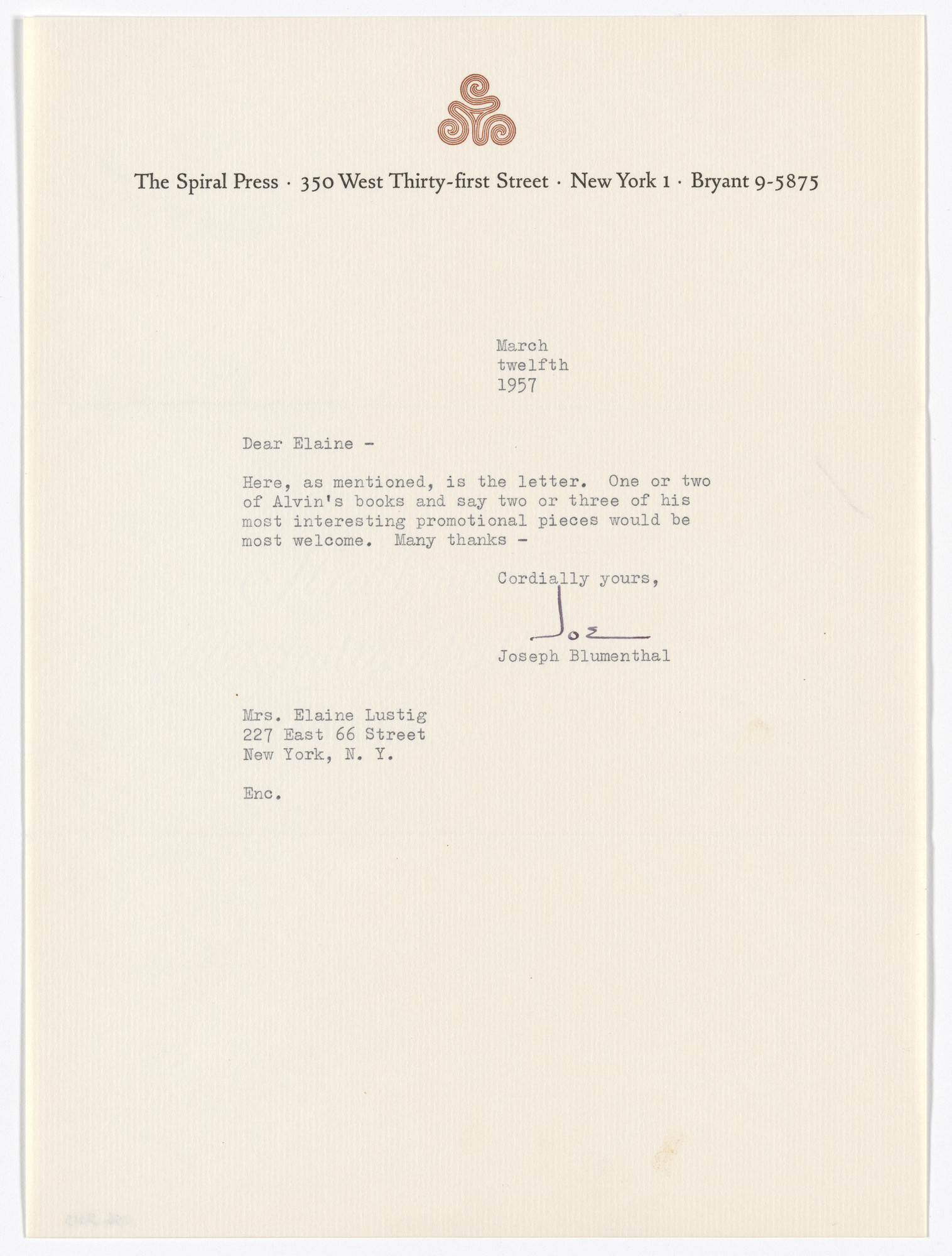 Joseph Blumenthal. Spiral Press letterhead