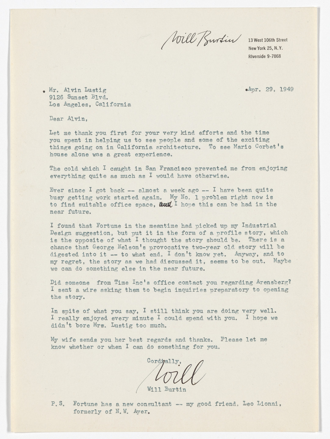 Will Burtin. Will Burtin letterhead (Letter to Alvin Lustig). 1949