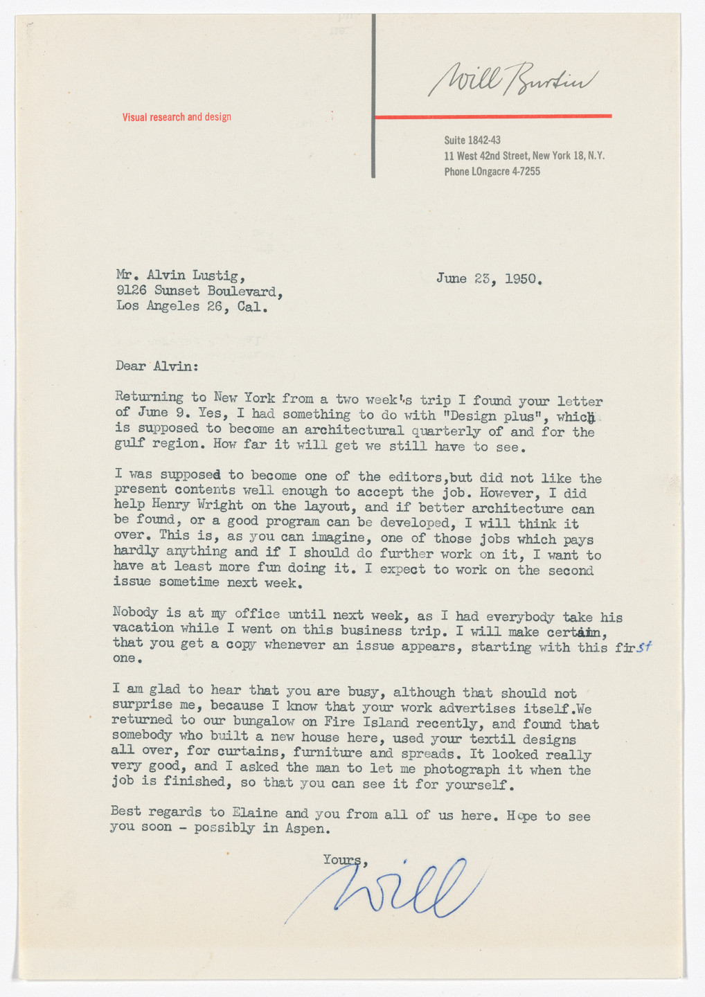 Will Burtin. Will Burtin letterhead (Letter to Alvin Lustig). 1950