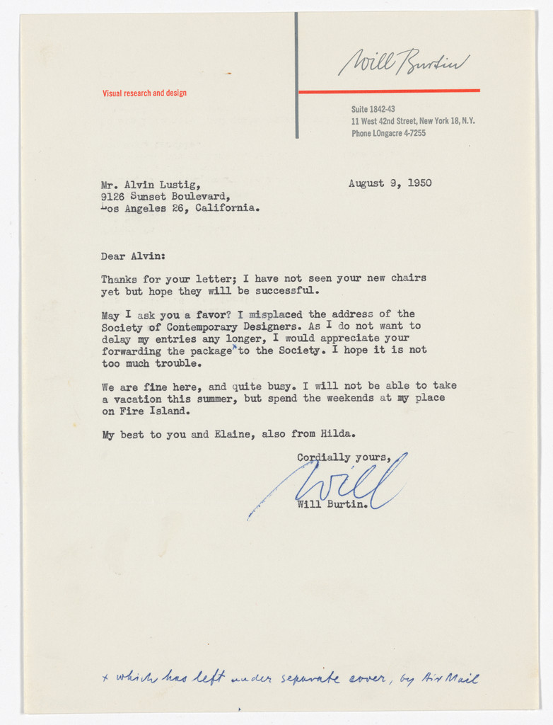 Will Burtin letterhead (Letter to Alvin Lustig)