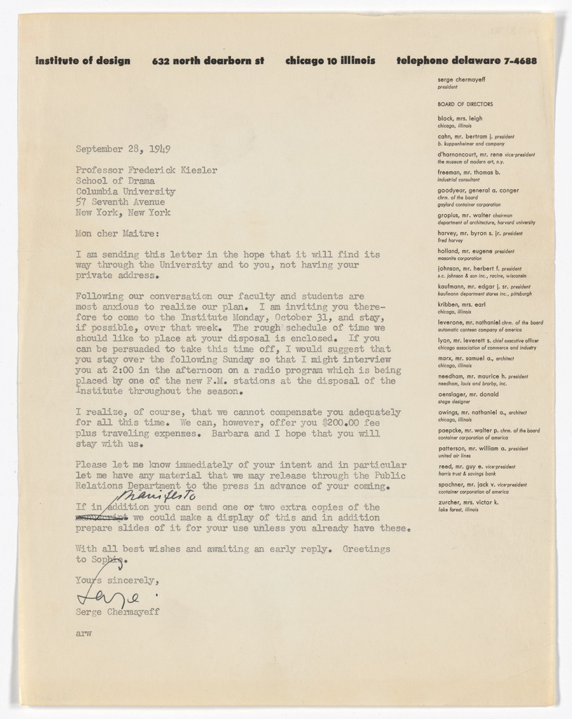 Institute of Design letterhead (Letter to Frederick Kiesler)