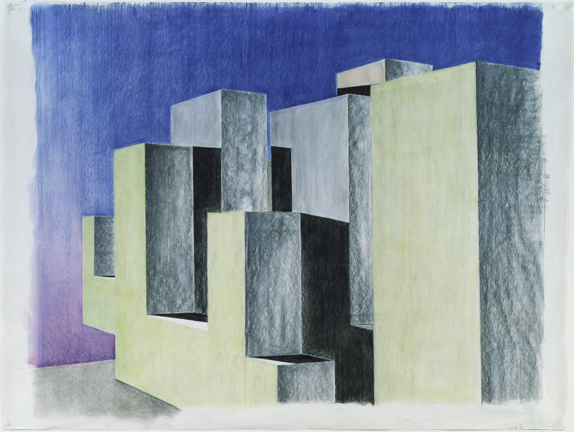 Rem Koolhaas, Götz Keller, Willem Jan Neutelings, Brigitte Kochta, Marty Kohn, Luc Reuse, Ron Steiner, Jeroen Thomas, Garciella Torre. The Hague City Hall, project, The Hague, The Netherlands, Exterior perspective. 1987