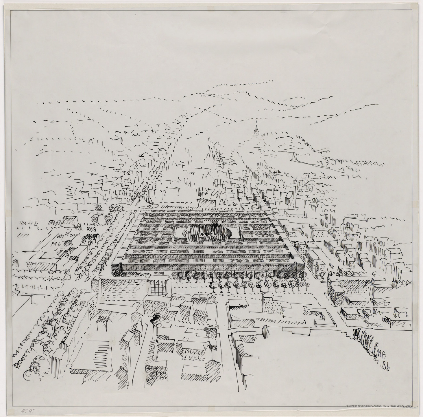 Mario Botta. Urban Housing, Turin, Italy, Aerial perspective. 1985