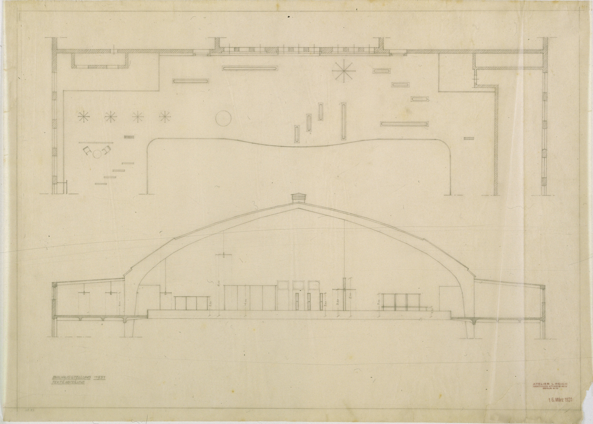 Lilly Reich. The Dwelling of Our Time, German Building Exhibition, Berlin, Germany (Plan and elevation of interior-finishing-materials exhibit, gallery of Hall II). 1931