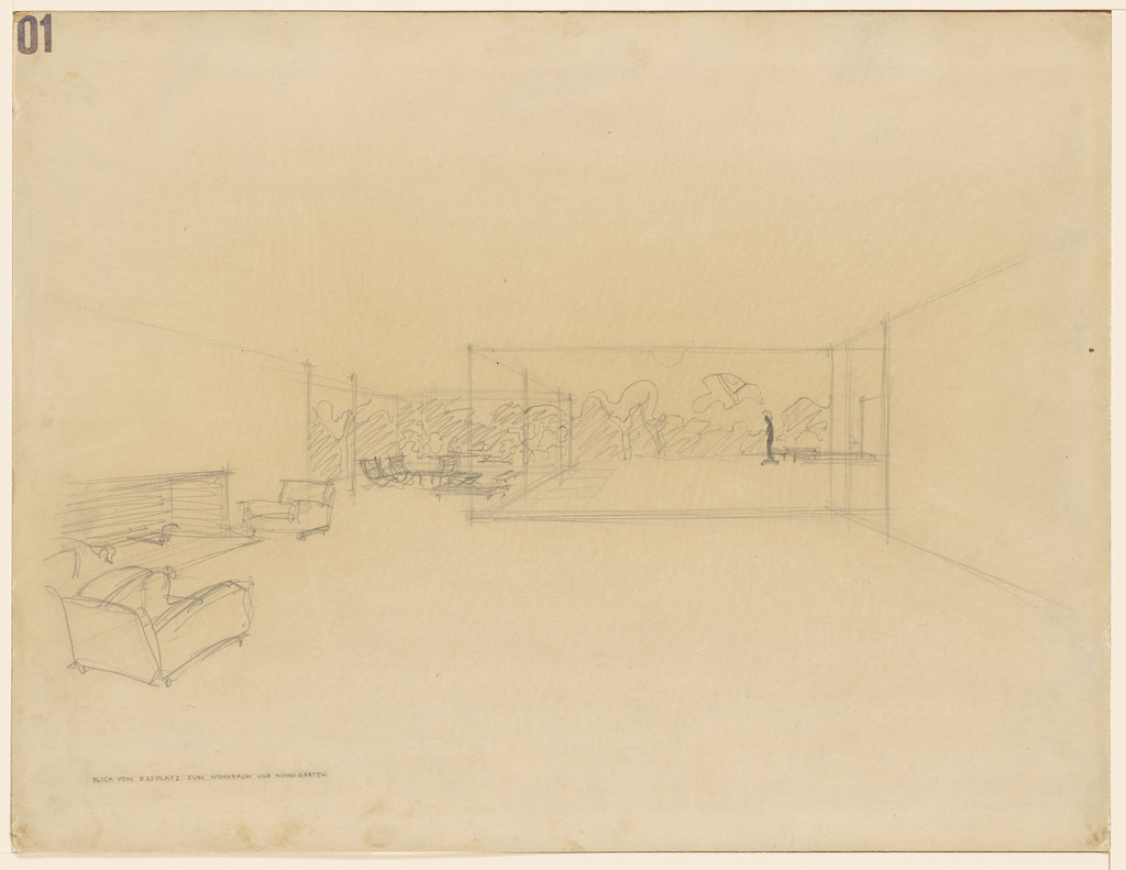 Gericke House project, Wannsee-Berlin, Germany (Perspective view from dining room to living room and garden)