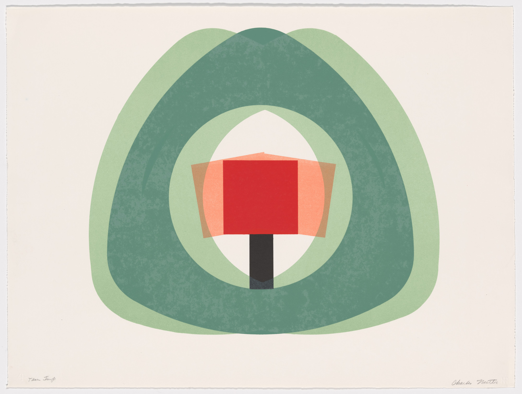 Charles Mattox. Green Realeau Form with Red Cube