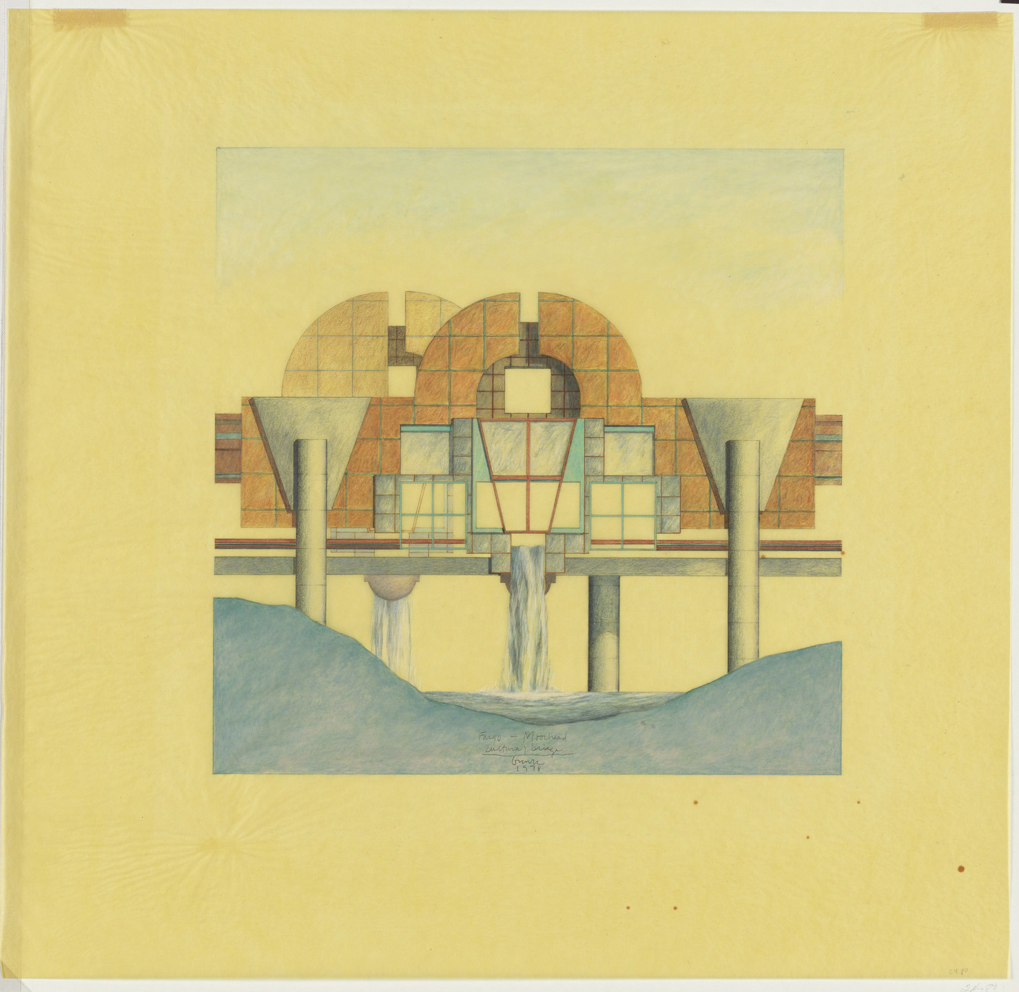 Michael Graves. Fargo-Moorhead Cultural Center Bridge, project, Fargo, North Dakota and Moorhead, Minnesota, South elevation. 1978