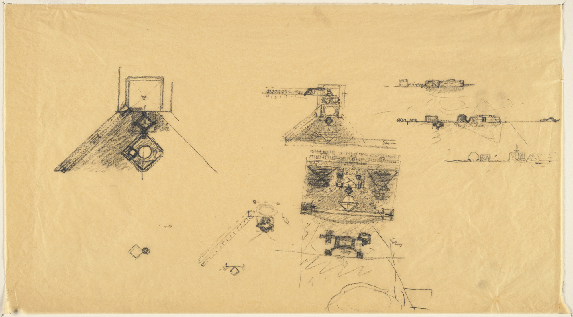 Louis I. Kahn. Sher-e-Bangla Nagar, Capital of Bangladesh, Dhaka, Bangladesh (Site plan and elevation sketches). 1962