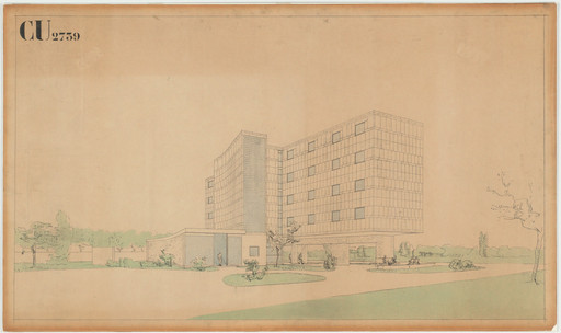 Architectural line drawing of a multi-story building on beige paper. Predominant colors include soft greens and grays in the landscaping and structure. This is an AI generated description. To give feedback, email ai@moma.org.