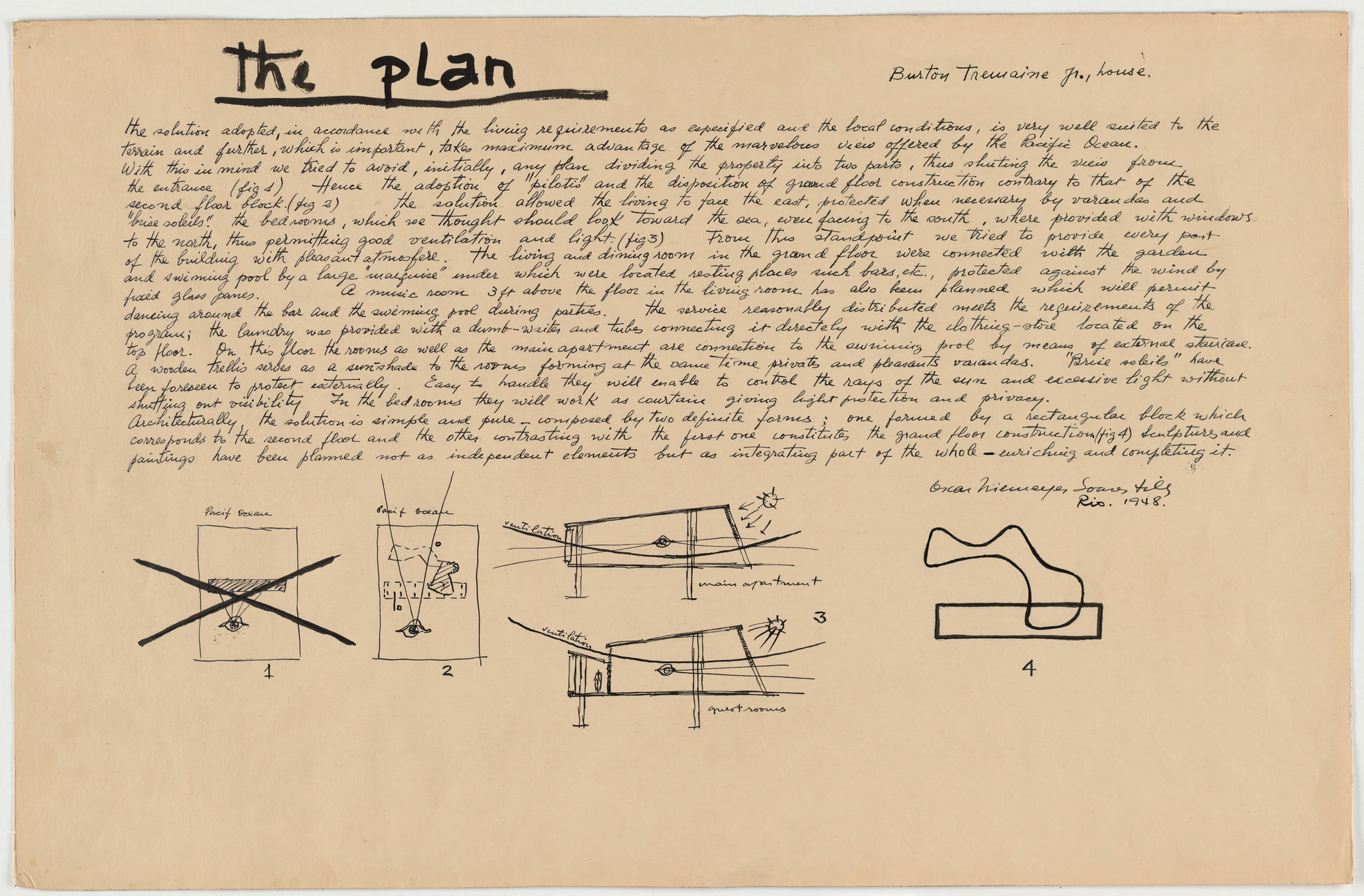 Oscar Niemeyer, Roberto Burle Marx. Beach House for Mr. and Mrs. Burton Tremaine, project, Santa Barbara, California (Preliminary sketches and introductory text). 1948