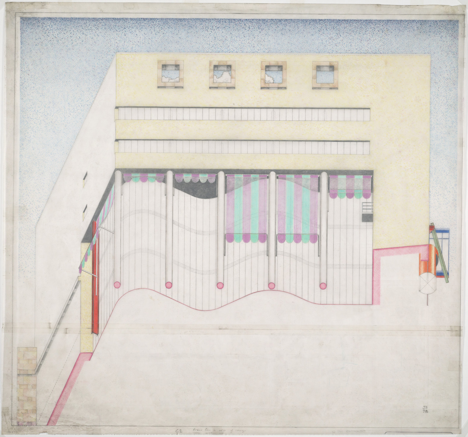James Stirling. Staatsgalerie Stuttgart, Stuttgart, Germany, View of library from below. 1978