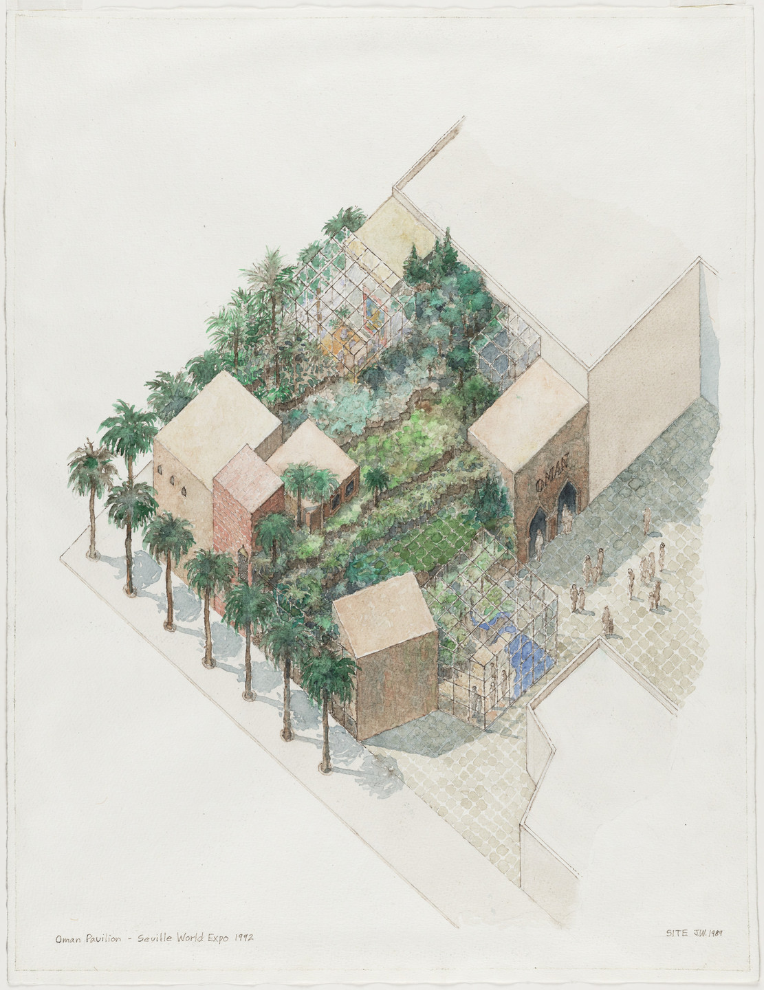 James Wines, Alison Sky, Michelle Stone, Emilio Sousa. Seville World Fair, Oman Pavilion, project, Seville, Spain, Axonometric. 1989
