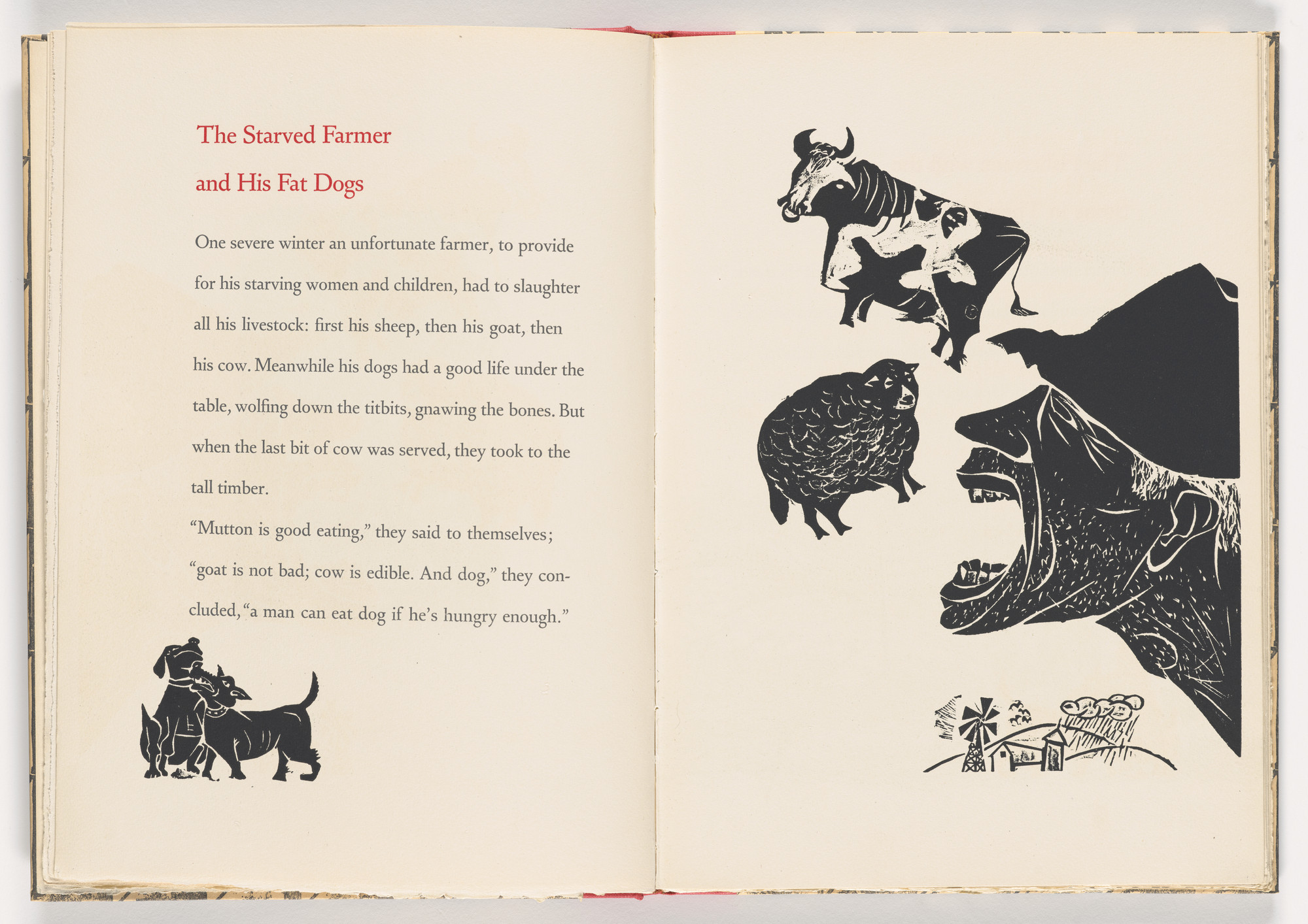 Antonio Frasconi. The Starved Farmer and His Fat Dogs from 12 Fables of Aesop