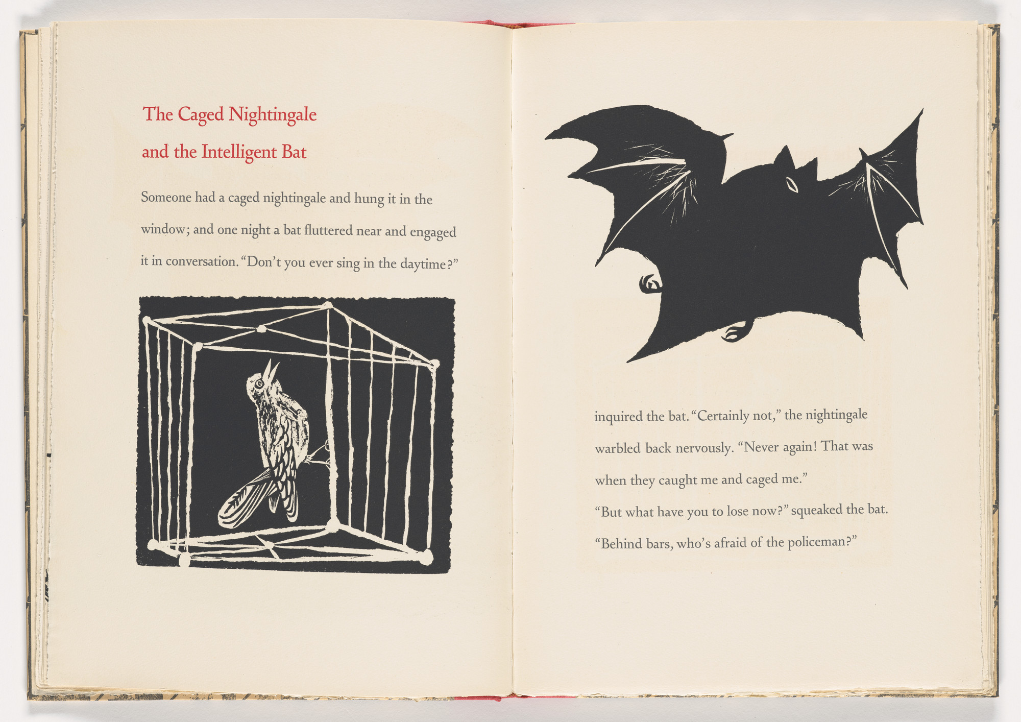 Antonio Frasconi. The Caged Nightingale and the Intelligent Bat from 12 Fables of Aesop