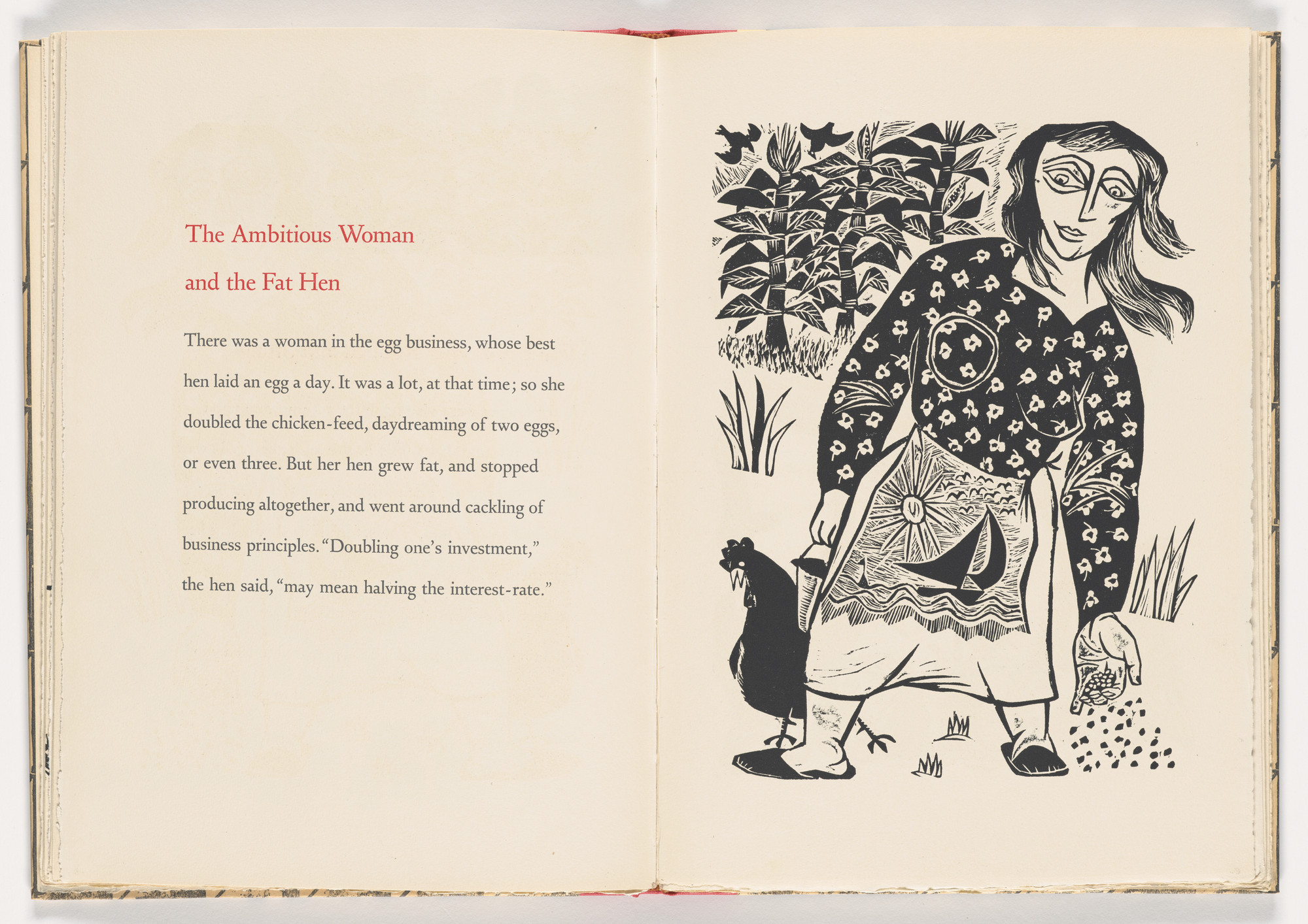 Antonio Frasconi. The Ambitious Woman and the Fat Hen from 12 Fables of Aesop