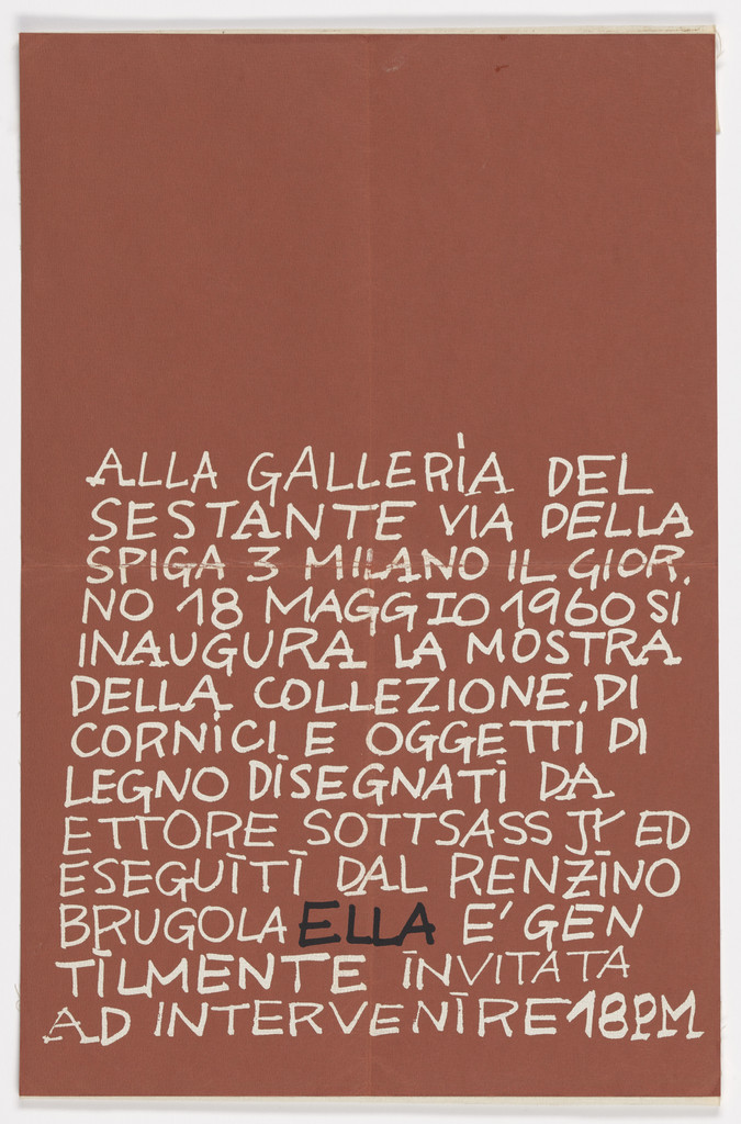 Poster invitation to exhibition of frames and wooden objects by Ettore Sottsass, Jr. at Galleria del Sestante