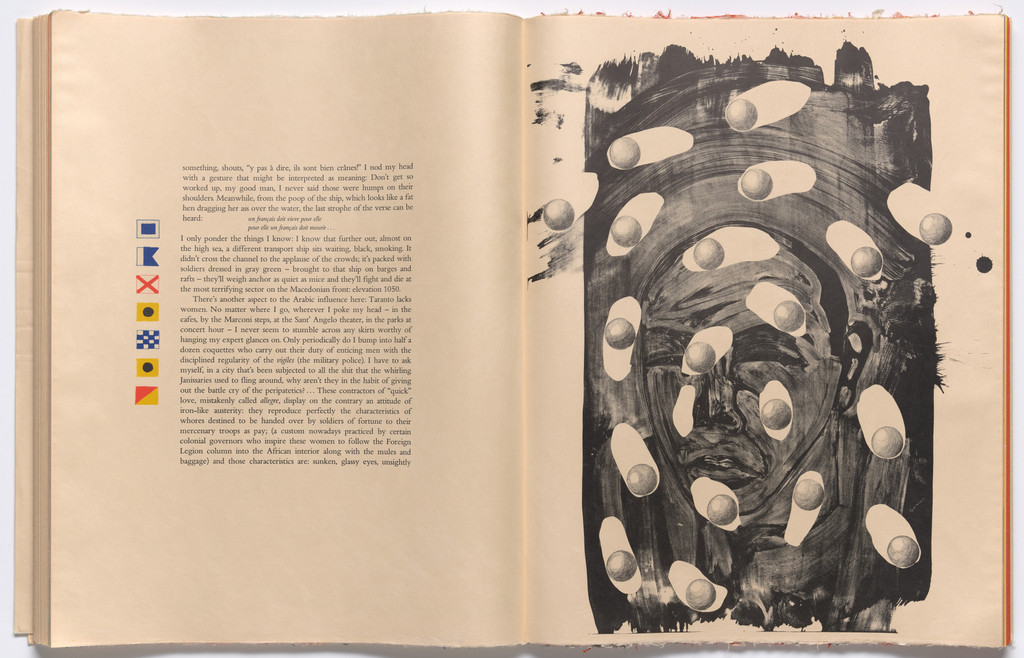 Double page plate with text (folios 62 and 63) from THE DEPARTURE OF THE ARGONAUT, Francesco Clemente, 1983-86