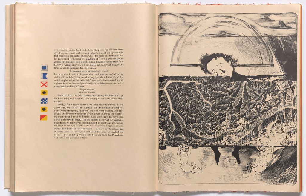 Double page plate with text (folios 66 and 67) from THE DEPARTURE OF THE ARGONAUT, Francesco Clemente, 1983-86