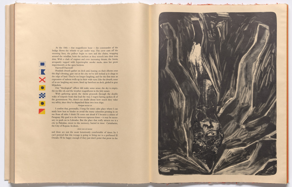 Double page plate with text (folios 68 and 69) from THE DEPARTURE OF THE ARGONAUT, Francesco Clemente, 1983-86