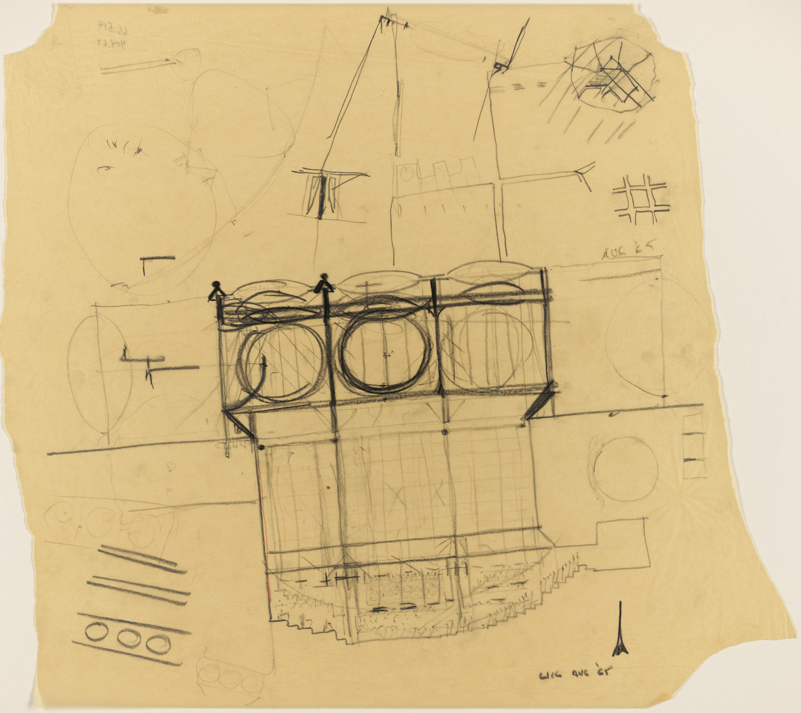 Louis I. Kahn. Sher-e-Bangla Nagar, Capital of Bangladesh, Dhaka, Bangladesh, National Assembly Building: section sketch of roof structure and light elements. 1965