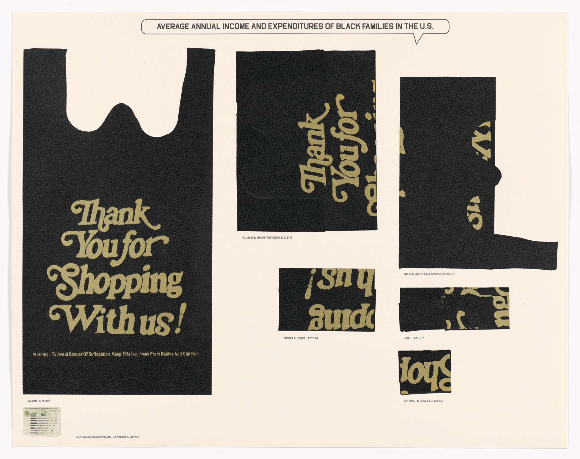 Shraddha Ramani, William Villalongo. Average Annual Income and Expenditures of Black Families in the U.S. from Printing Black America: Du Bois’s Data Portraits in the 21st Century. Portfolio 3: Employment