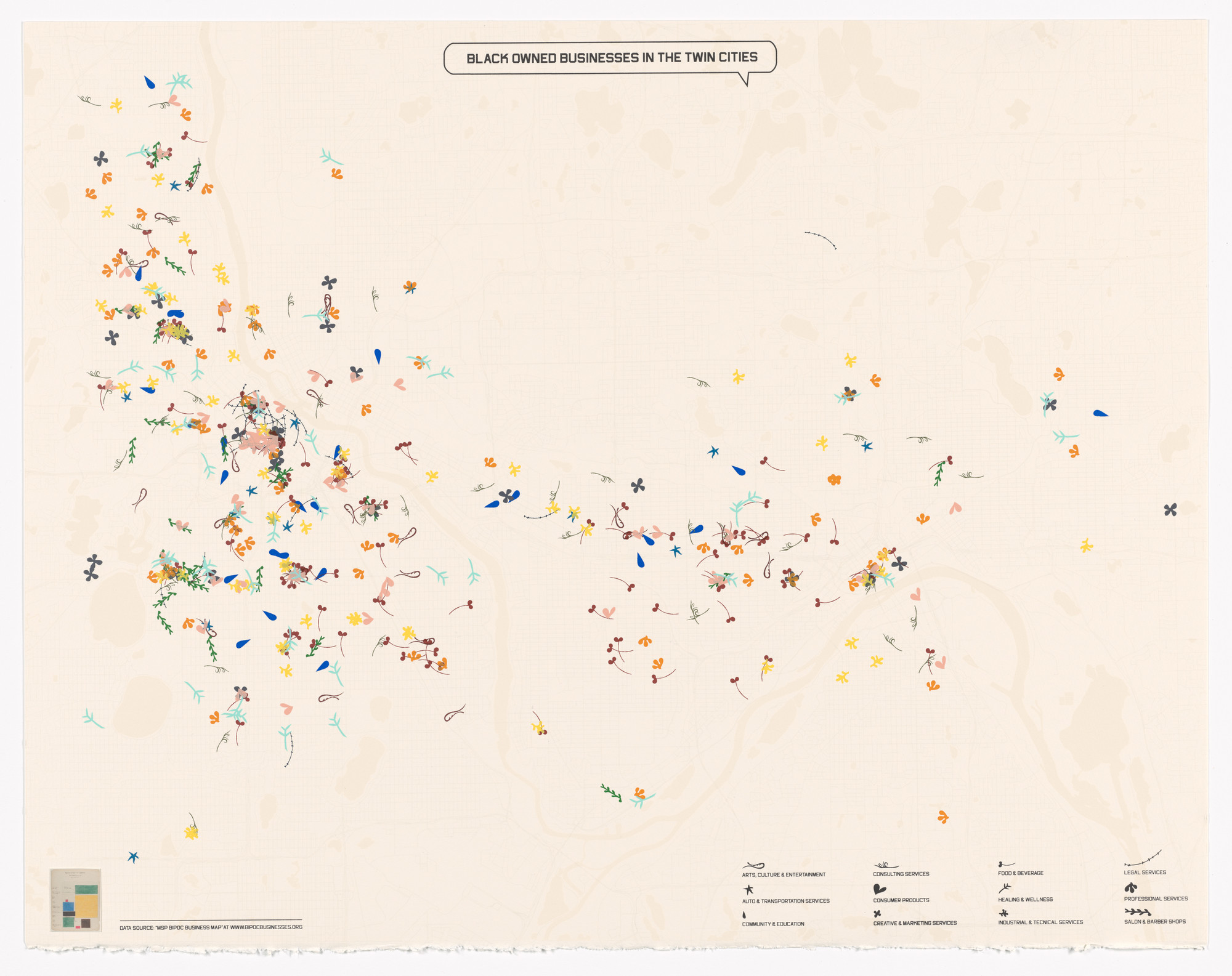 Shraddha Ramani, William Villalongo. Black-Owned Businesses in the Twin Cities from Printing Black America: Du Bois’s Data Portraits in the 21st Century. Portfolio 4: Ownership