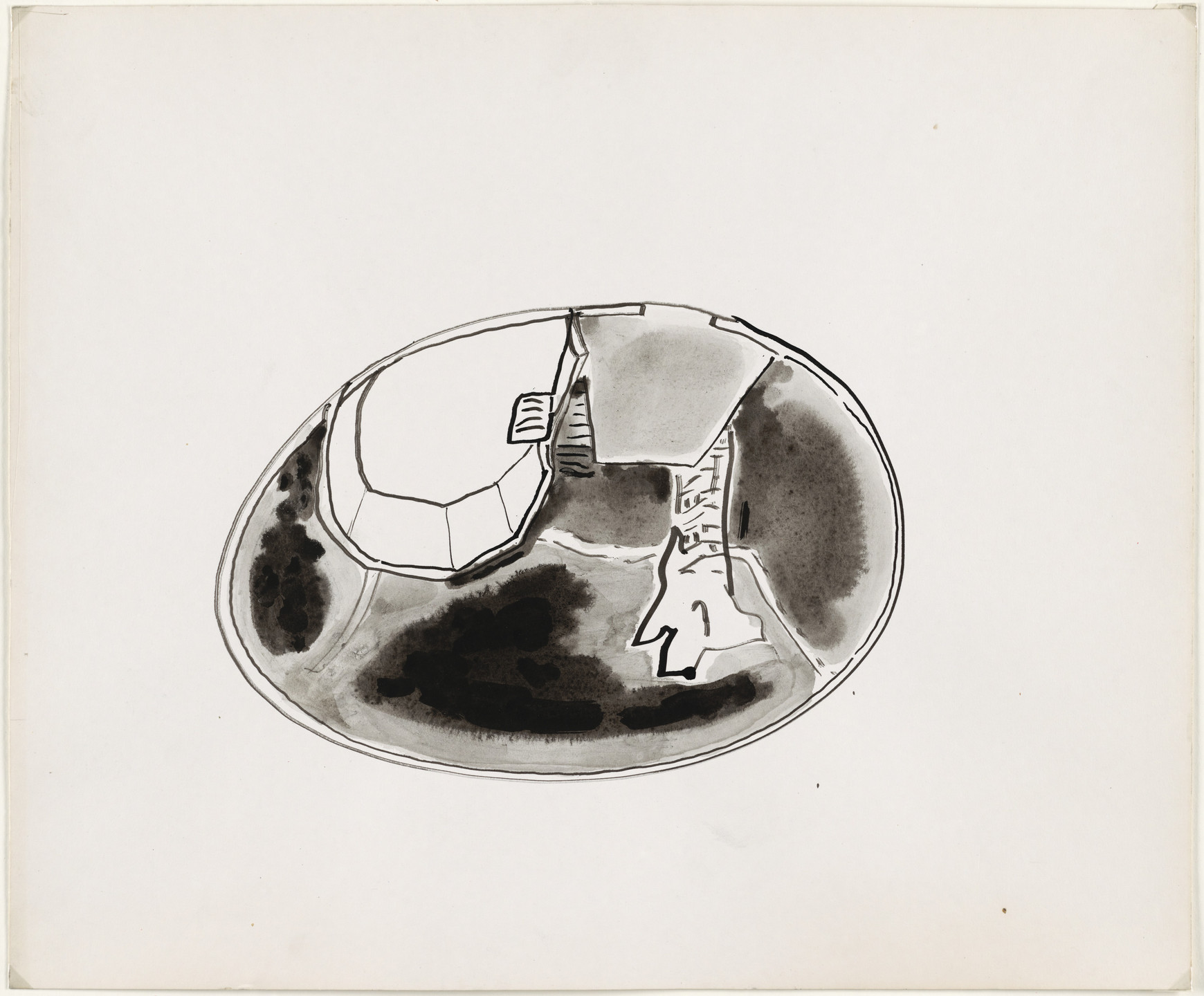 The image features a black and white sketch of an object resembling a bowl, with areas of dark shading inside. The bowl contains a few geometric shapes and lines suggestive of structures. This is an AI generated description. To give feedback, email ai@moma.org.