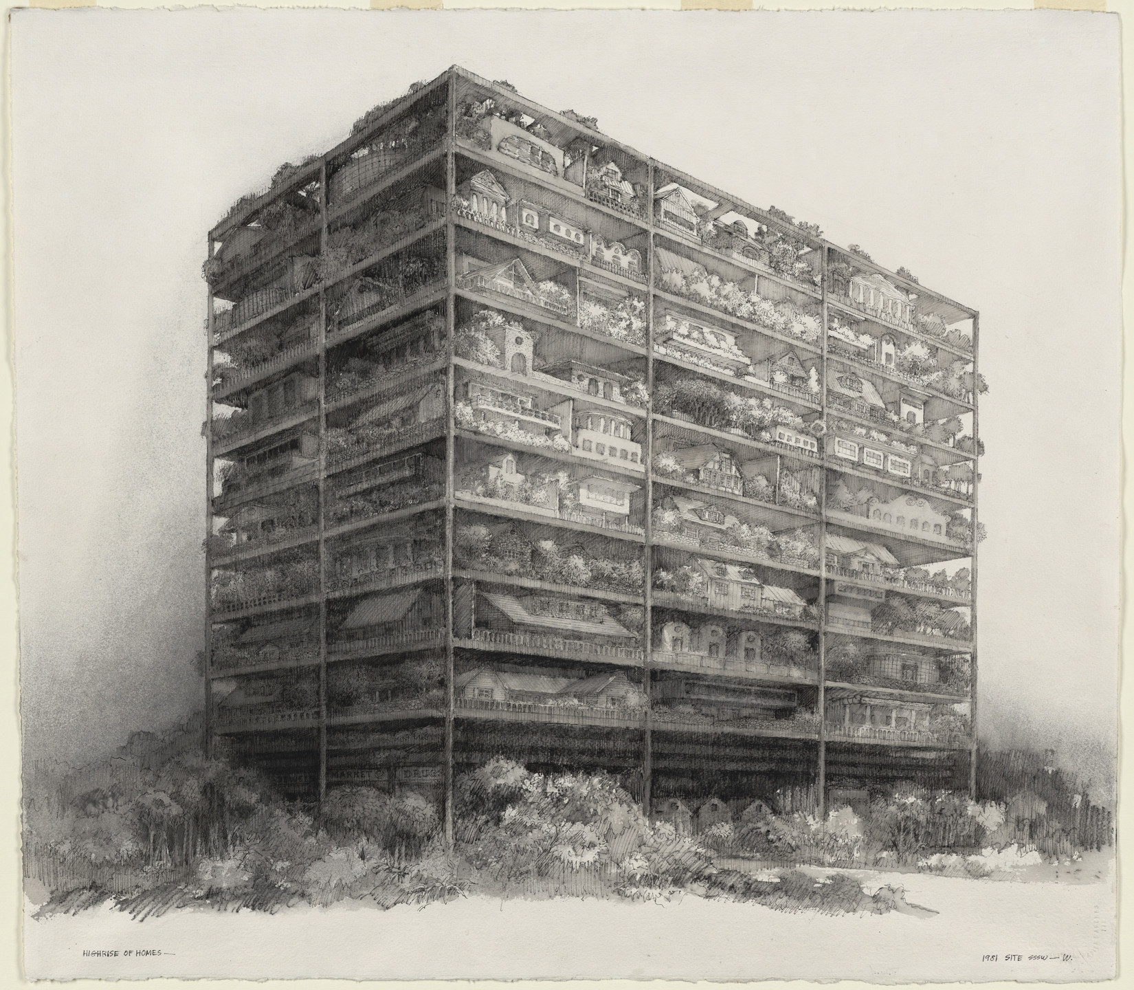 SITE, James Wines. Highrise of Homes, project (Exterior perspective). 1981