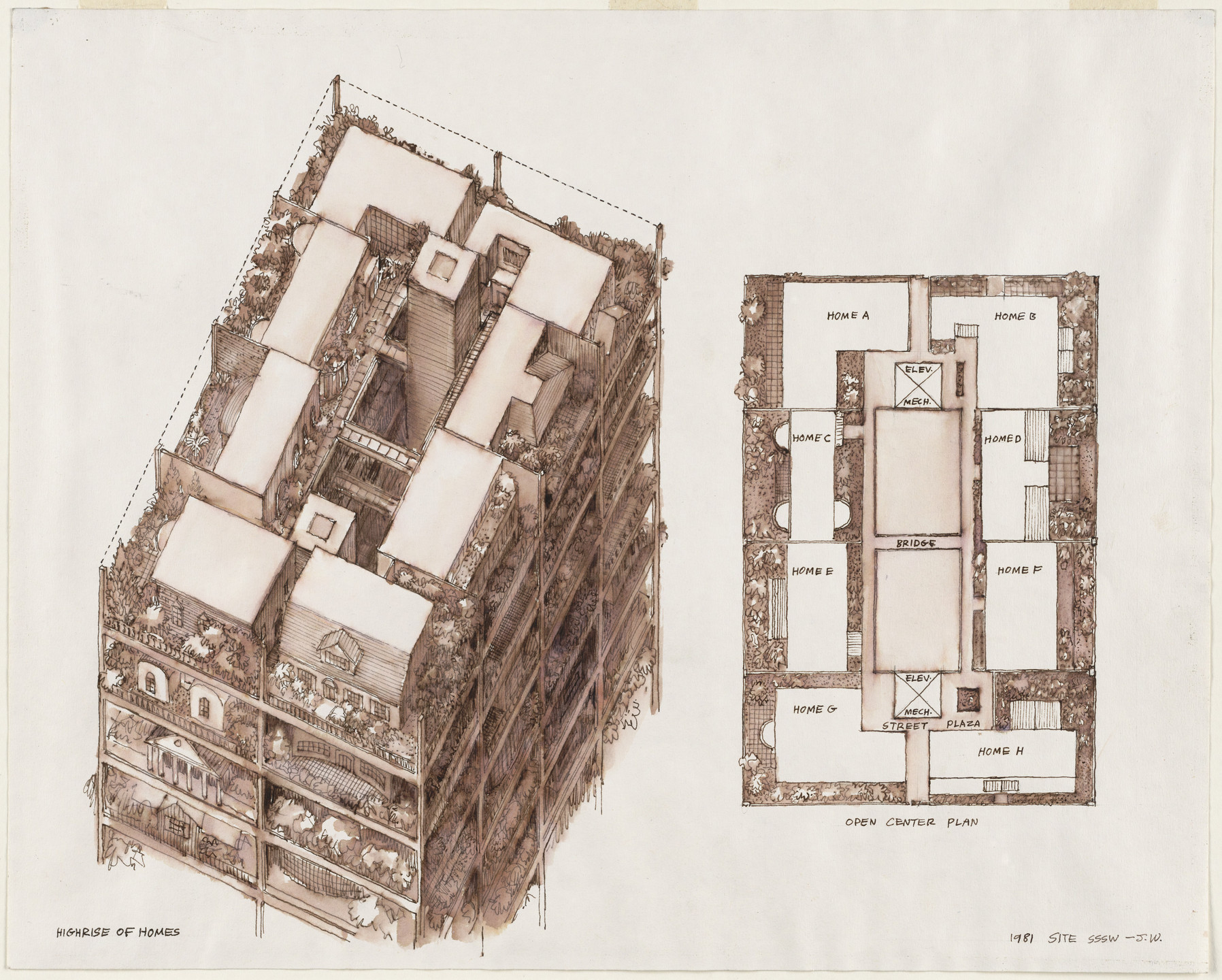 SITE, James Wines. Highrise of Homes, project, Aerial perspective and plan. 1981