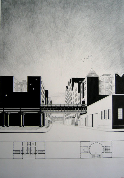 Steven Holl. Bridge of Houses Project, New York, NY (Perspective and plan). 1981