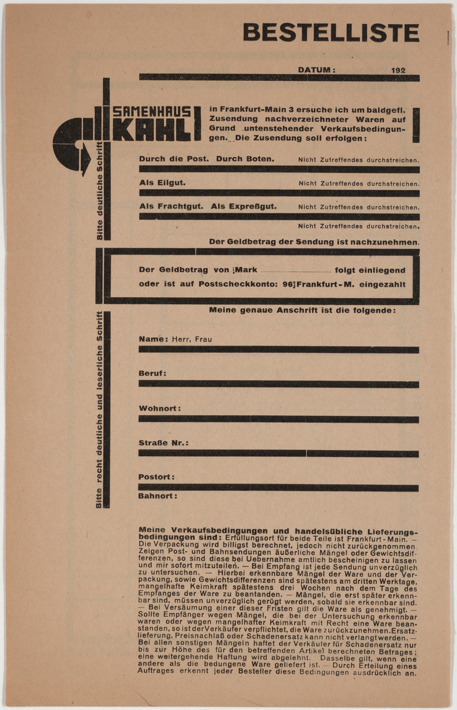 Robert Michel. Samenhaus Kahl Bestelliste. After 1924