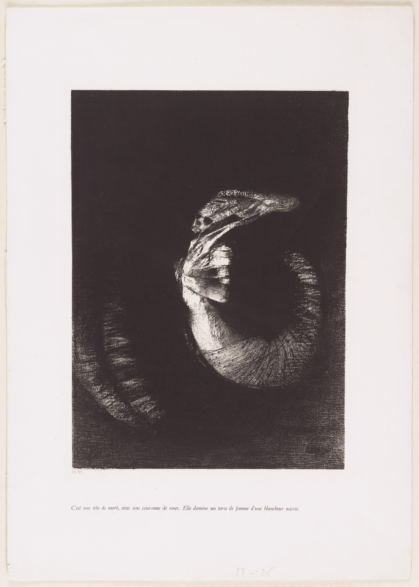 Odilon Redon. It Is a Skull, Crowned with Roses. It Dominates a Woman's Pearly-White Torso (C'est une tête de mort, avec une couronne des roses. Elle domine un torse de femme d'une blancheur nacrée) from The Temptation of Saint Anthony (La Tentation de Saint-Antoine)

