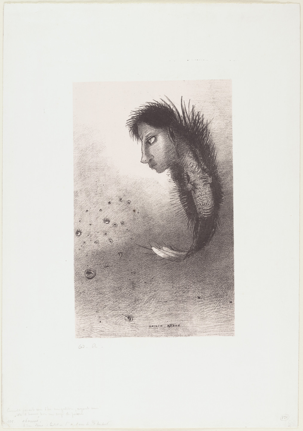 Odilon Redon. Then There Appears a Singular Being, Having the Head of a Man on a Body of a Fish (Ensuite parait un être singulier, ayant une tête d&#39;homme sur un corps de poisson) from The Temptation of Saint Anthony (La Tentation de Saint-Antoine). 1888