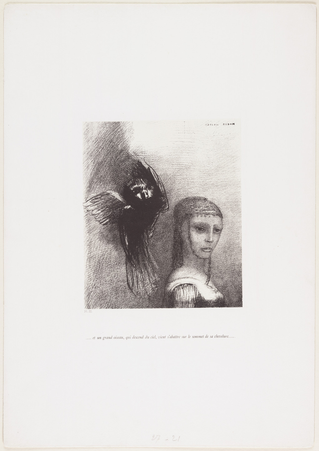 Odilon Redon. _. . . And a Large Bird, Descending from the Sky, Hurled Itself Against the Topmost Point of Her Hair . . . _ ( . . . Et un grand oiseau qui descend du ciel, vient s'abattre sur le sommet de sa chevelure . . . ) from The Tempation of Saint Anthony (La Tentation de Saint-Antoine). 1888