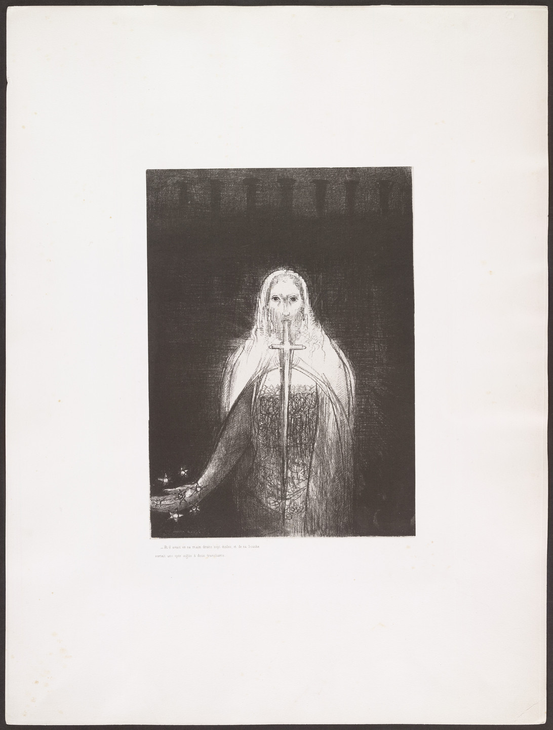 Odilon Redon. And He Had in His Right Hand Seven Stars, and out of His Mouth Went a Sharp Two-Edged Sword (Et il avait dans sa main droit sept étoiles, et de sa bouche sortait une épée aiguë à deux tranchants) from Apocalypse of Saint John (Apocalypse de Saint-Jean). 1899