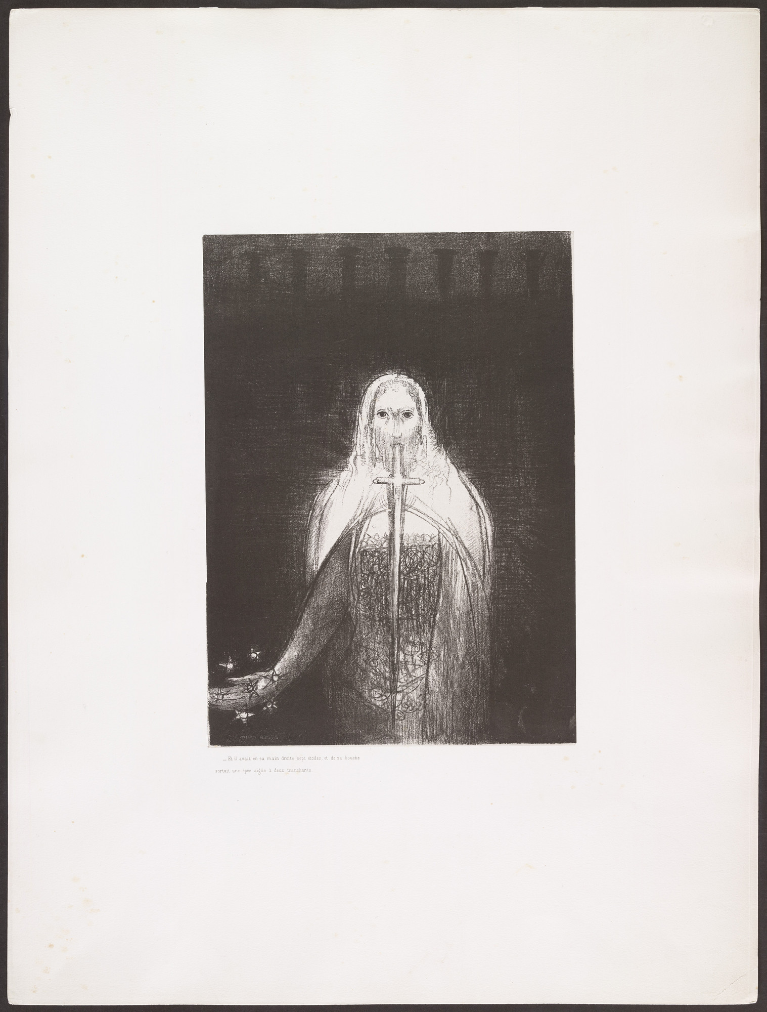 Odilon Redon. And He Had in His Right Hand Seven Stars, and out of His Mouth Went a Sharp Two-Edged Sword ( Et il avait dans sa main droit sept étoiles, et de sa bouche sortait une épée aiguë à deux tranchants ) from Apocalypse of Saint John ( Apocalypse de Saint-Jean )