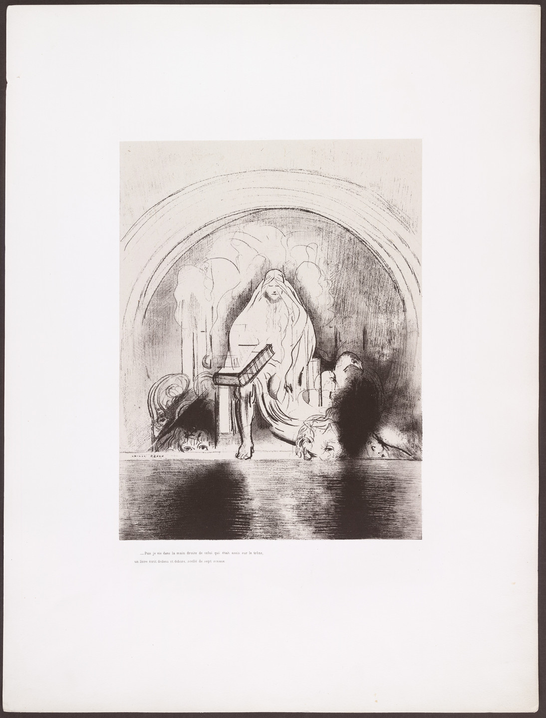 Odilon Redon. And I Saw in the Right Hand of Him That Sat on the Throne a Book Written Within and on the Backside, Sealed with Seven Seals (Puis je vis, dans la main droite de celui qui était assis sur le trône, un livre écrit dedans et dehors, scellé de sept sceaux) from Apocalypse of Saint John (Apocalypse de Saint-Jean). 1899