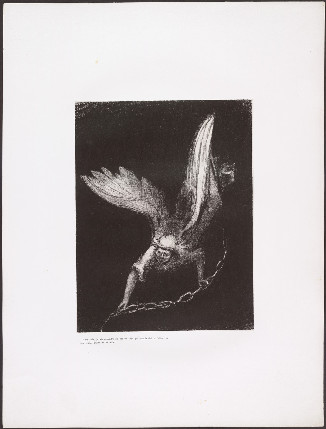Odilon Redon. And I Saw an Angel Coming down from Heaven, Having the Key of the Bottomless Pit and a Great Chain in His Hand (Après cela je vis descendre du ciel un ange qui avait la clef de l&#39;abîme, et une grande chaine en sa main) from) Apocalypse of Saint John (Apocalypse de Saint-Jean). 1899