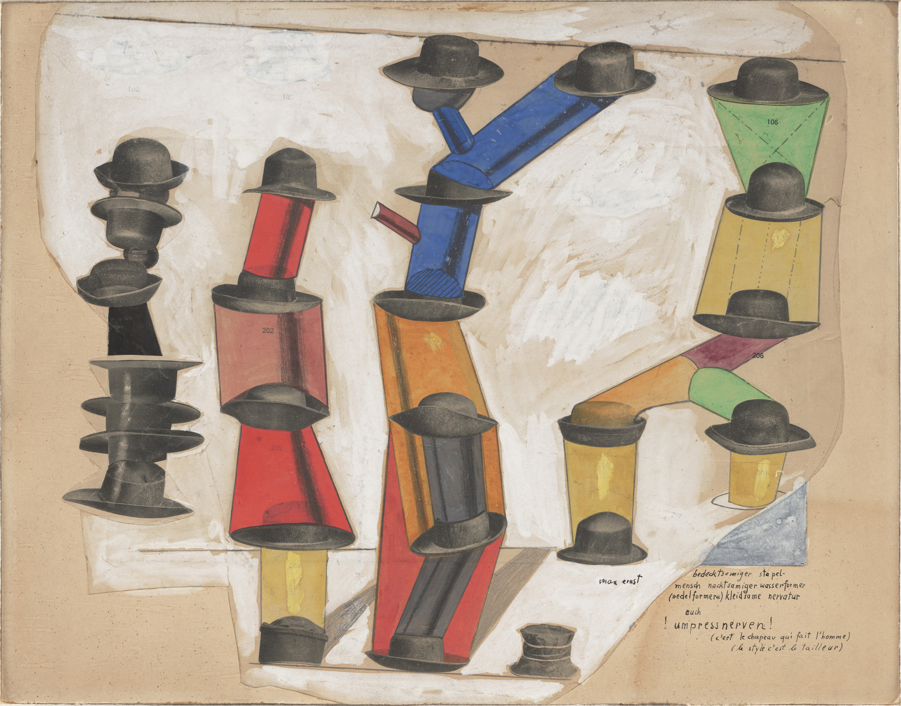 The image shows a series of colorful cylinders, red, orange, blue, yellow, and green, partially made up of stacked black bowler hats. The background is mostly light brown paper with white painted in parts. This is an AI generated description. To give feedback, email ai@moma.org.
