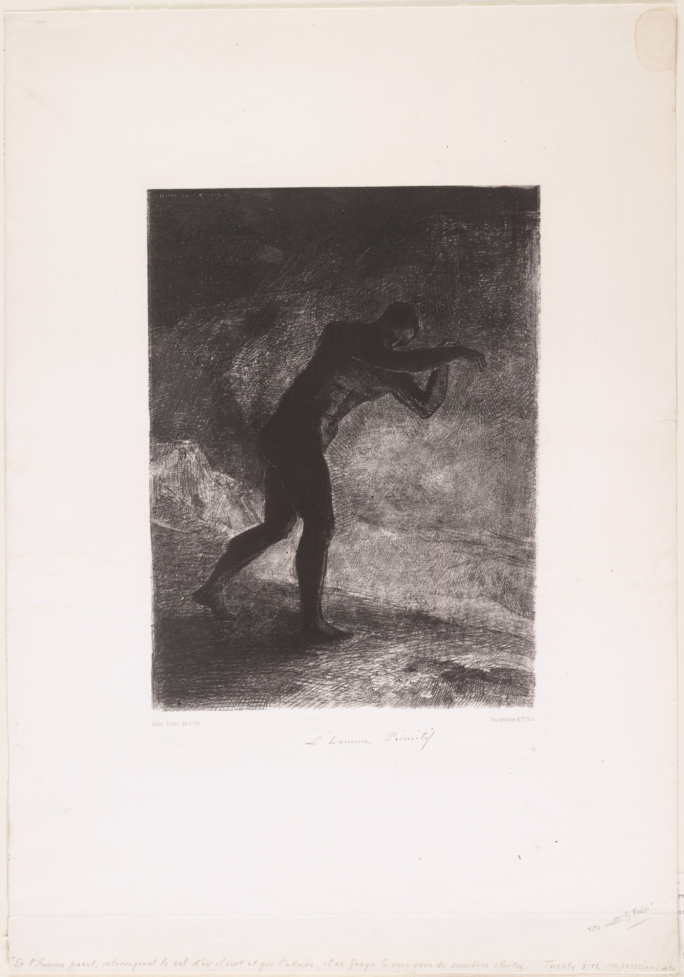 Odilon Redon. And Man Appeared, Questioning the Earth from Which He Came and Which Draws Him Back, as He Cleared a Way Forward to the Murky Light (Et l'homme parut, interrogeant le sol d'où il sort et qui l'attire, il se fraya la voie vers de sombres clartés)