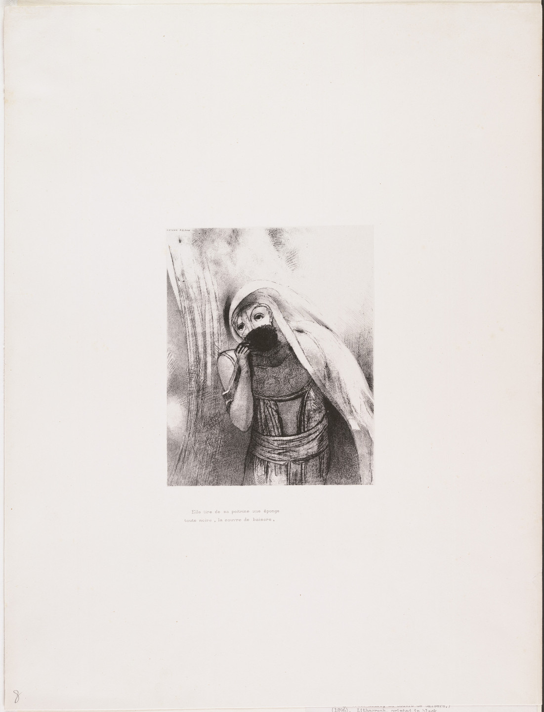Odilon Redon. She Draws from Her Bosom a Sponge, Perfectly Black, and Covers It with Kisses (Elle tire de sa poitrine une éponge toute noire, la couvre de baisers) from The Temptation of Saint Anthony (La Tentation de Saint-Antoine). 1896