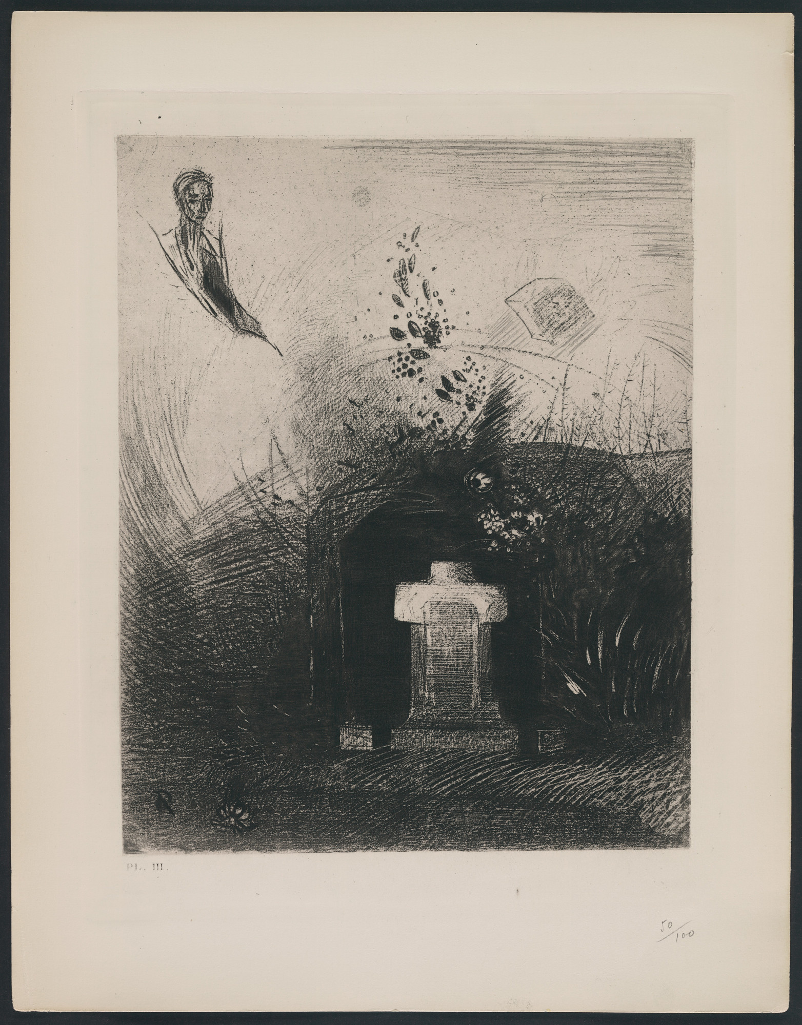 Odilon Redon. If on a Close Dark Night a Good Christian, Out of Charity, behind Some Old Ruin, Buries Your Arched Body (Si par une nuit lourde et sombre, un bon chrétien, par charité, derrière quelque vieux décombre, enterre votre corps voûté) from The Flowers of Evil (Les Fleurs du mal)