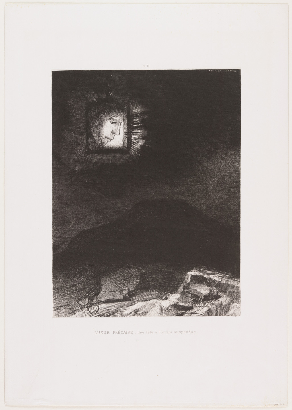 Odilon Redon. Precarious Glimmering, a Head Suspended in Infinity (Lueur précaire, une tête a l'infini suspendue) from Dreams (Songes). 1891