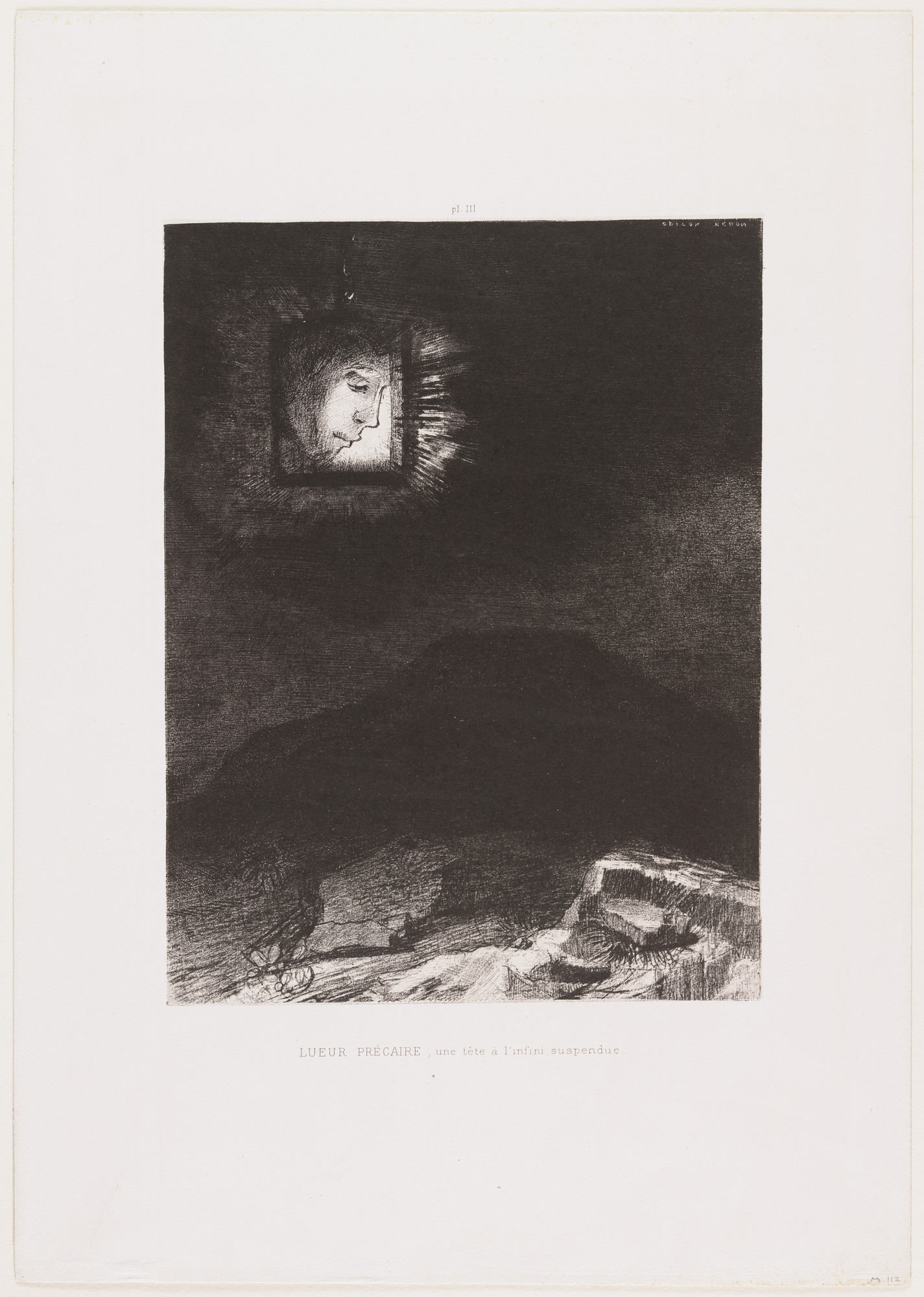 Odilon Redon. Precarious Glimmering, a Head Suspended in Infinity ( Lueur précaire, une tête a l'infini suspendue ) from Dreams ( Songes )