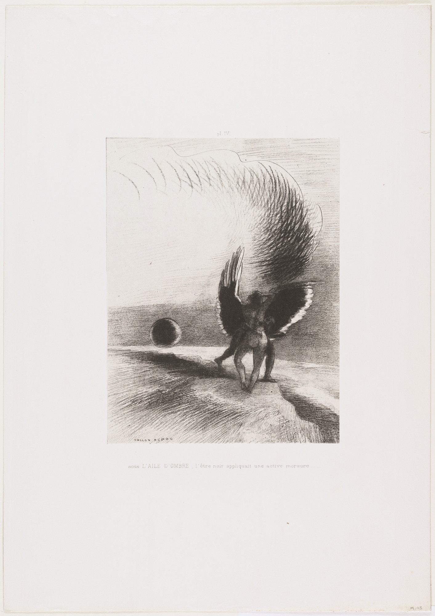 Odilon Redon. Beneath the Wing of Shadow the Black Creature Was Biting Energetically (Sous l'aile d'ombre, l'être noir appliquait une active morsure) from Dreams (Songes)