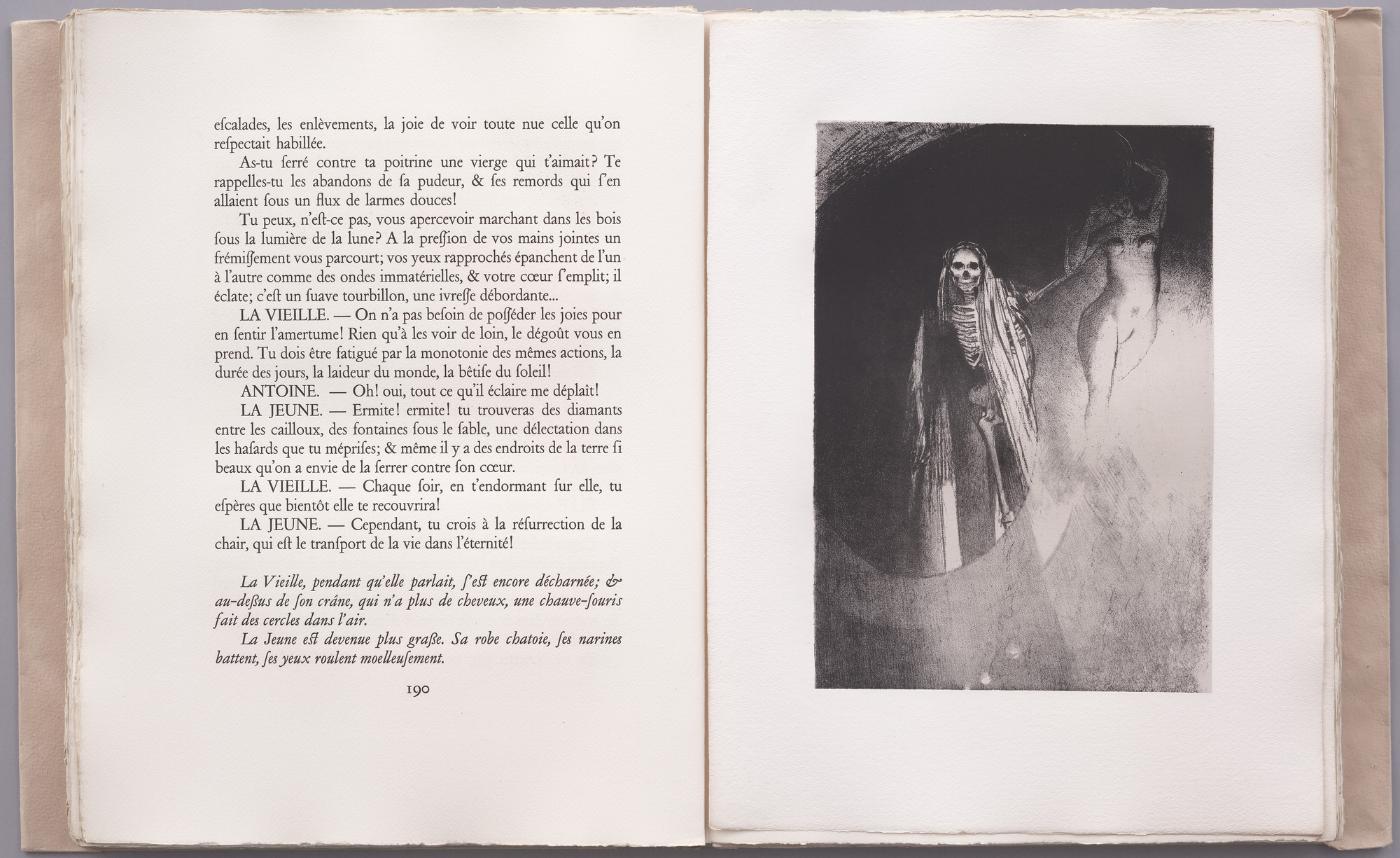 Odilon Redon. Death: It Is I Who Makes You Serious; Let Us Embrace (La Mort: C&#39;est moi qui te rends serieuse; enlaçons-nous) (plate XVIII) from La Tentation de Saint-Antoine. 1896, published 1938