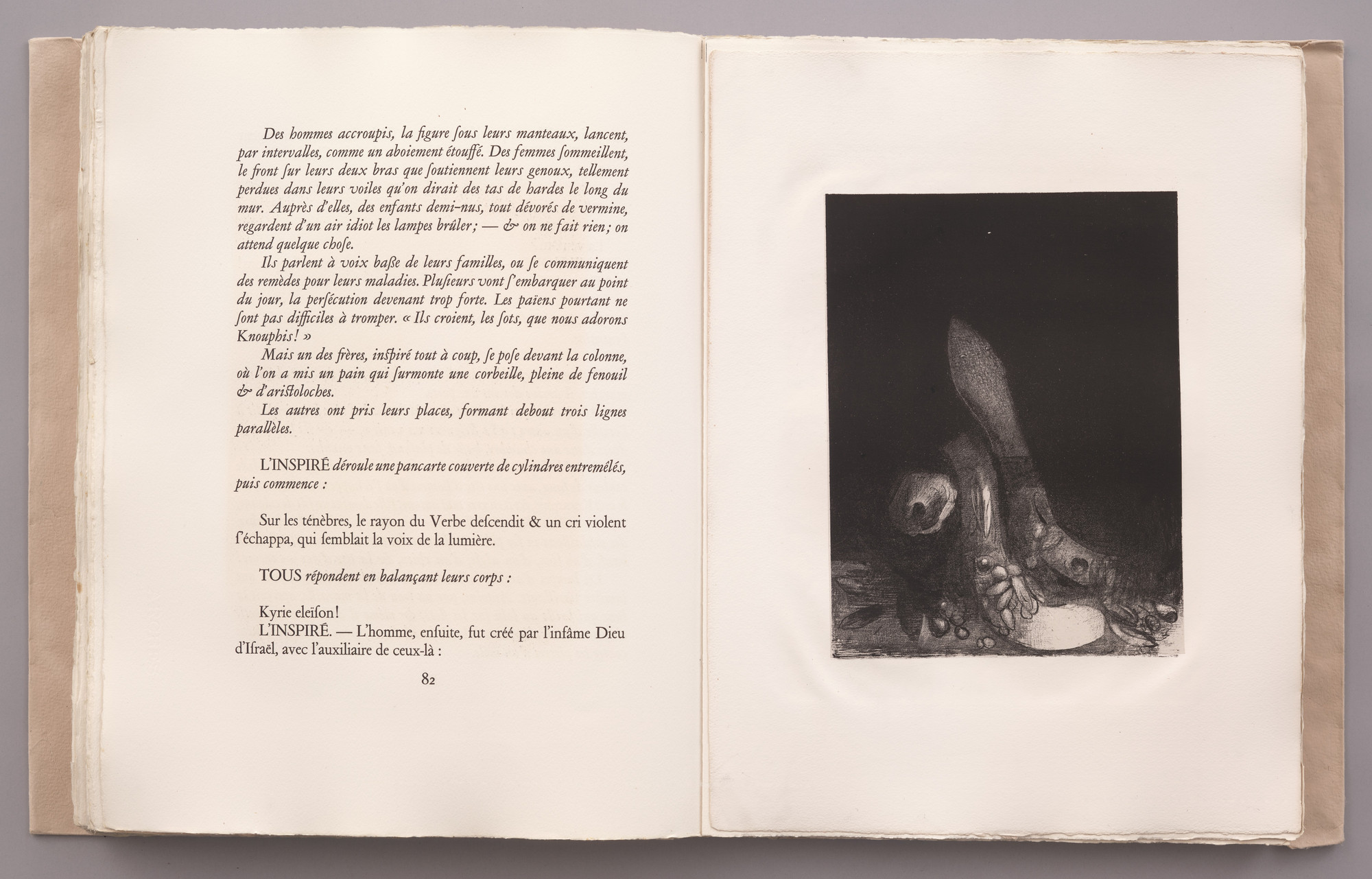 Odilon Redon. Flowers Fall, and the Head of a Python Appears (Des fleurs tombent, et la tête d'un python paraît) (plate VI) from La Tentation de Saint-Antoine