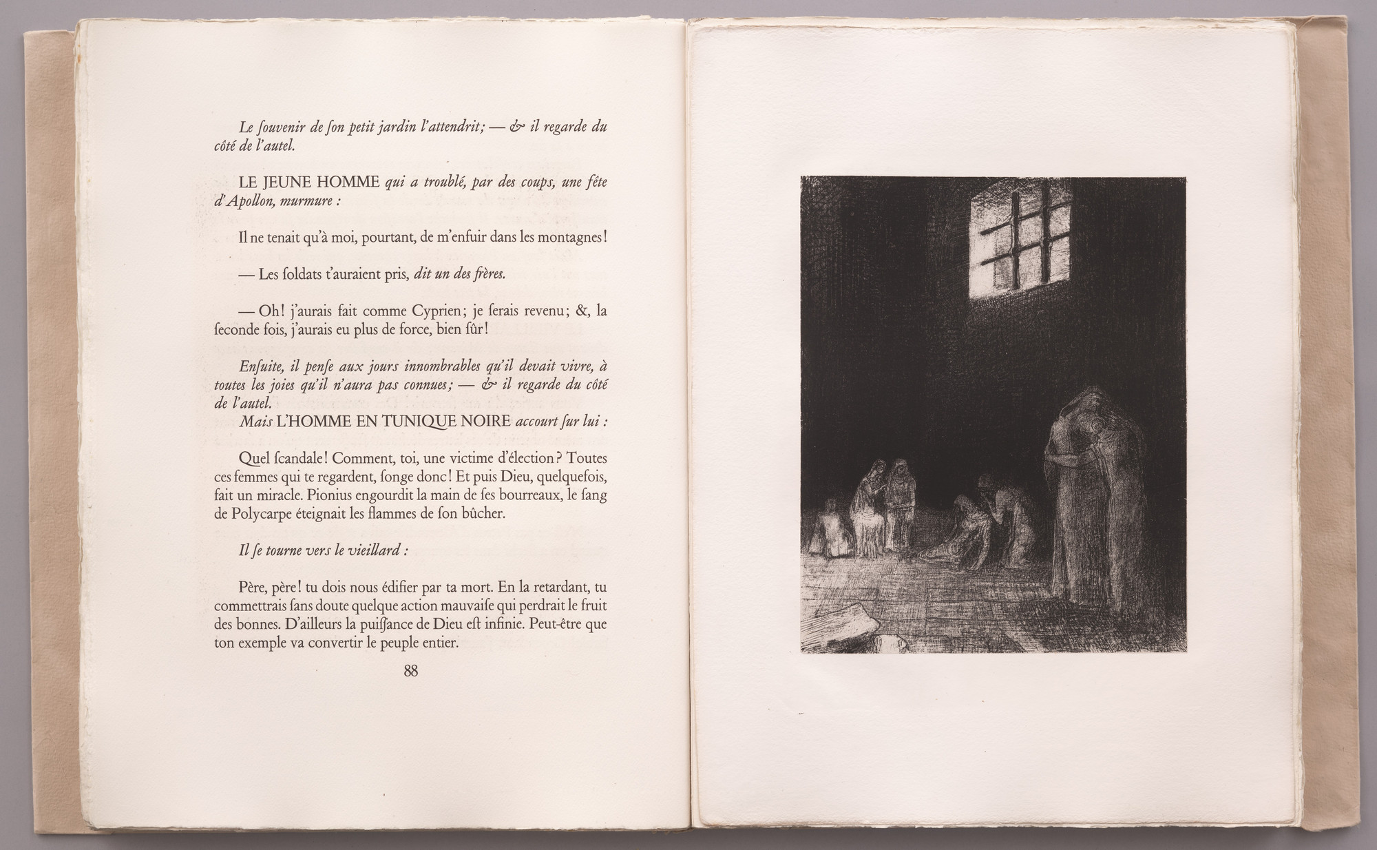 Odilon Redon. In the Shadows Are People, Weeping and Praying, Surrounded by Others Who Are Exhorting Them . . . (Dans l'ombre des gens pleurent et prient entourés d'autres qui les exhortent . . .) (plate VII) from La Tentation de Saint-Antoine. 1896, published 1938