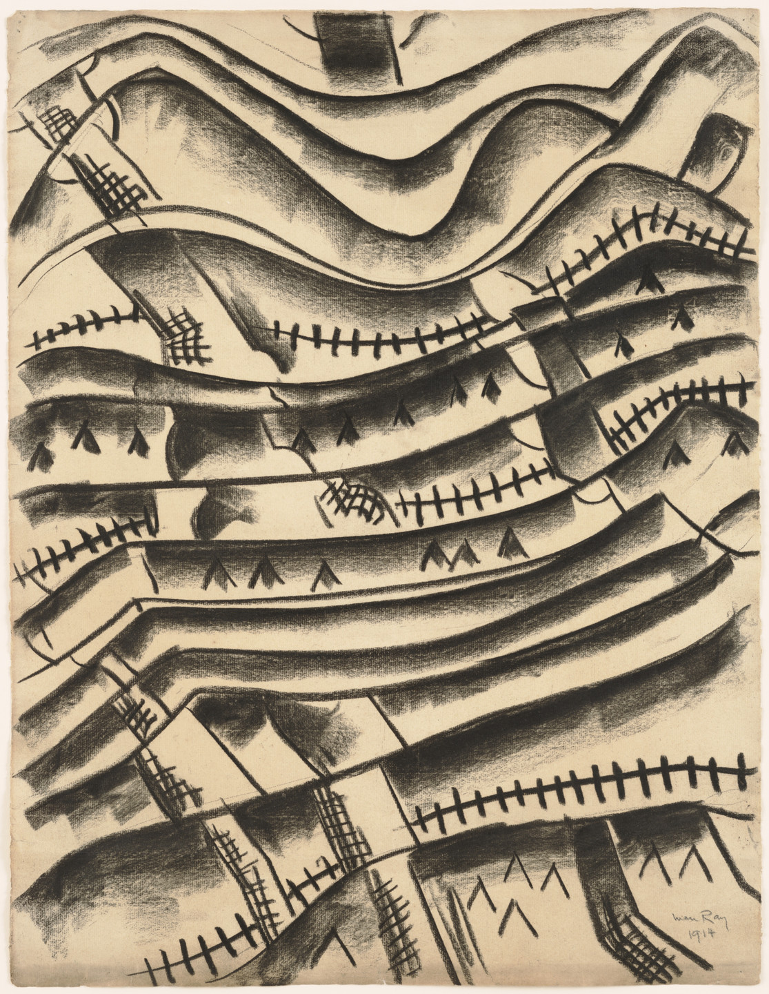 Black charcoal lines and shapes that create a series of wavy, overlapping bands and patterns against an offwhite background. Some areas have crosshatch and triangular details, lending a sense of texture and movement across the composition. This is an AI generated description. To give feedback, email ai@moma.org.