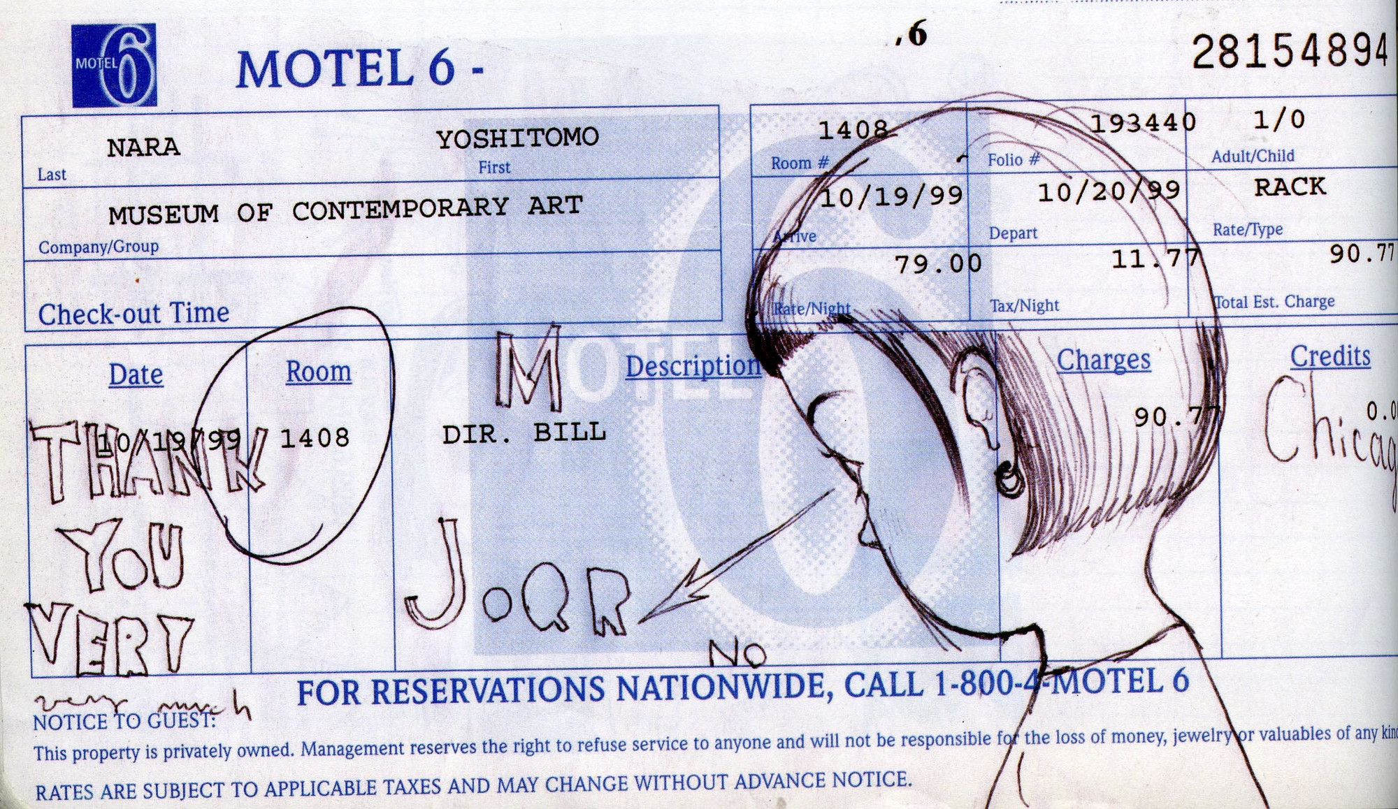 Yoshitomo Nara. Untitled (Motel 6 bill) from the series Time of My Life. 1992–2000
